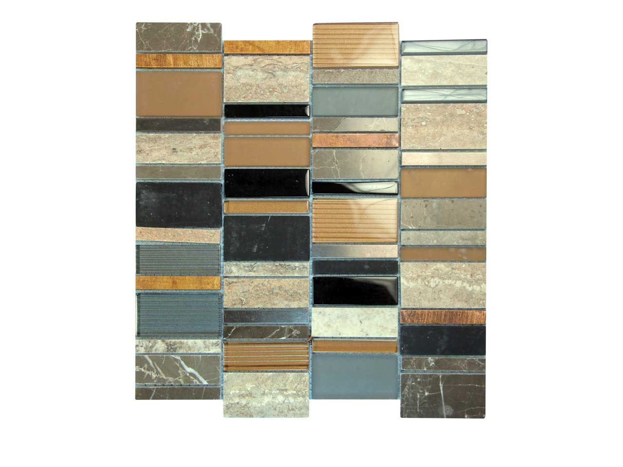 Mosaic tile sample with various colors and textures: brown, tan, black, gray, and metallic.