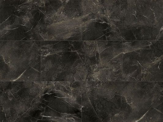 Dark gray marble-like tile flooring with white veining.