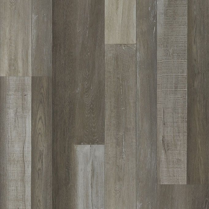 Gray and brown wood-look flooring with vertical planks, showing variations in color and texture.