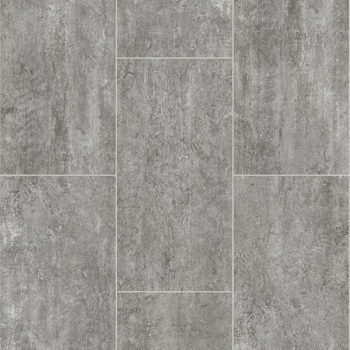 Gray concrete-look tile flooring with grout lines.