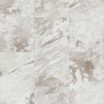 Stone-look flooring with marble-like patterns in shades of white, gray, and brown.