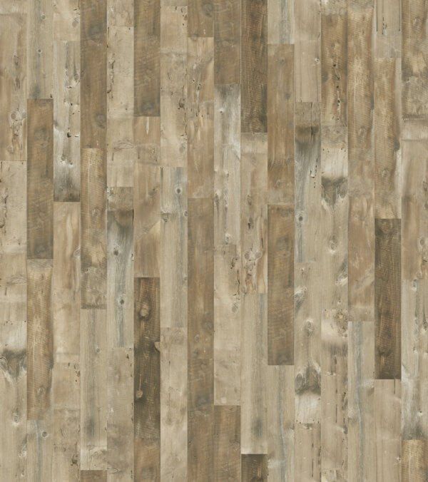 Wooden plank flooring in various shades of brown and gray.
