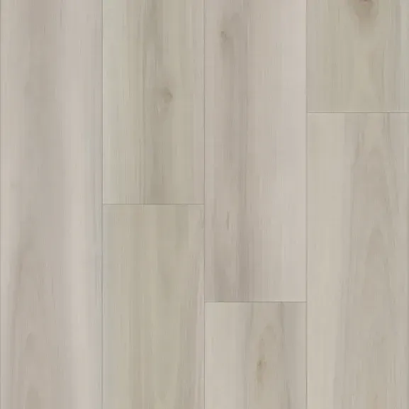 Light gray wood-look flooring with vertical planks, knots, and subtle color variations.