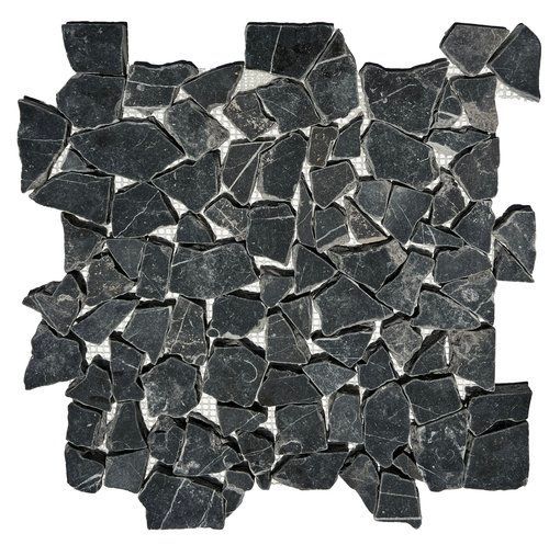 Black stone mosaic tile with irregular-shaped pieces on a mesh backing.