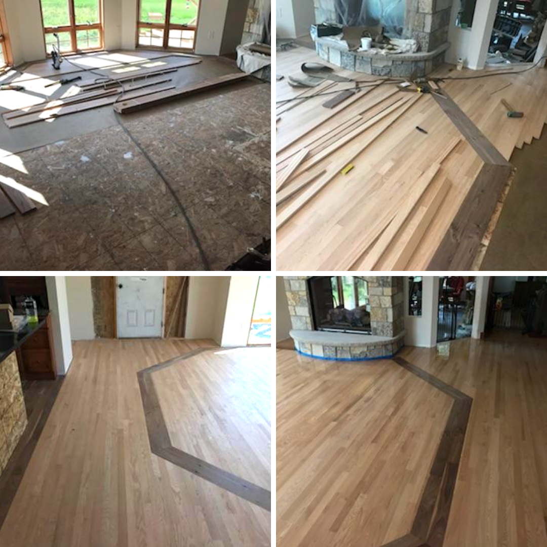 Four-panel progression of hardwood floor installation with a dark border around the fireplace.