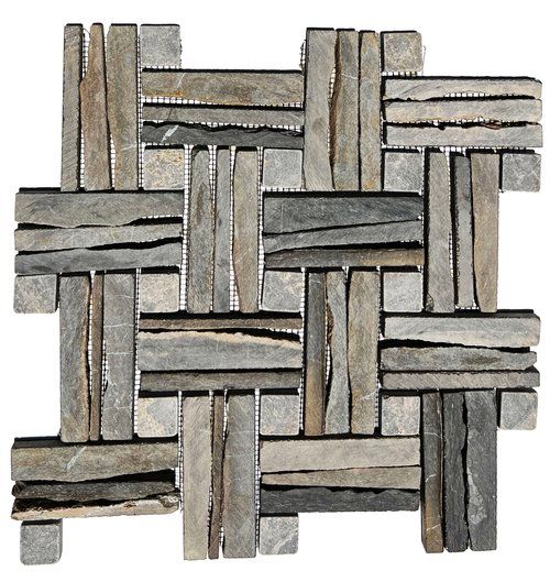 Mosaic tile with woven pattern of grey and tan natural stone.