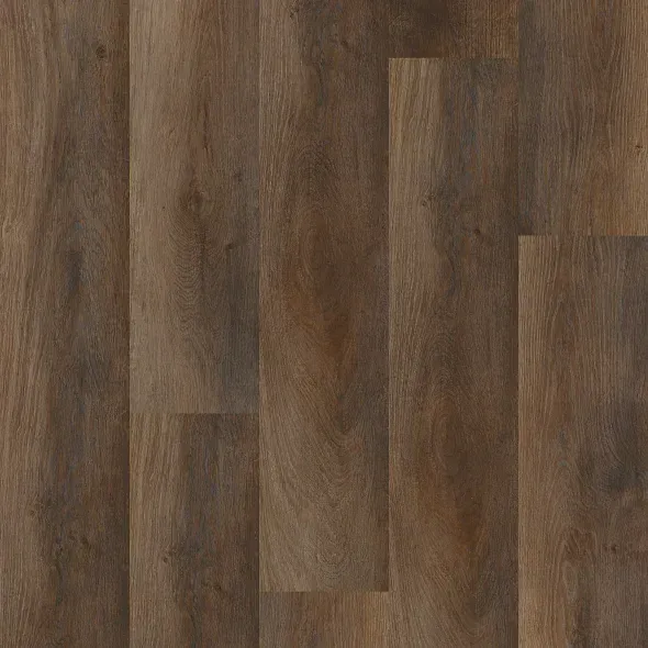 Dark brown wood floor with vertical planks.