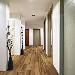 Hallway with wood flooring, white walls, and doors; black vases with branches.