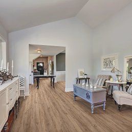 Living room with light wood floor, white walls, and soft furnishings.