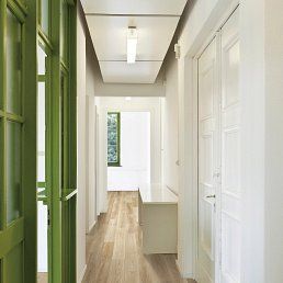 Hallway with white walls, wood floor, white doors, and green doorframe.
