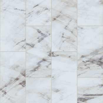 White marble tile floor with gray and brown veining.