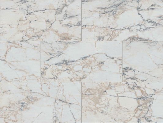 Marble-patterned tile flooring. White and beige base with grey and brown veining.