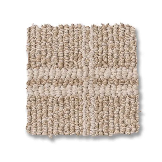 Tan and beige carpet square with a stripe pattern.