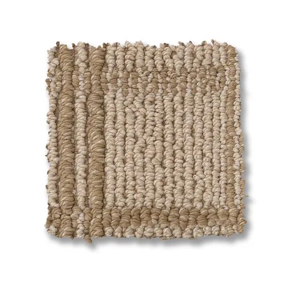Beige and brown carpet square with textured loops and subtle border.