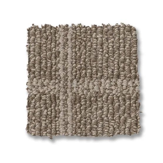 Square carpet swatch in shades of brown, with a textured looped pile and subtle linear pattern.