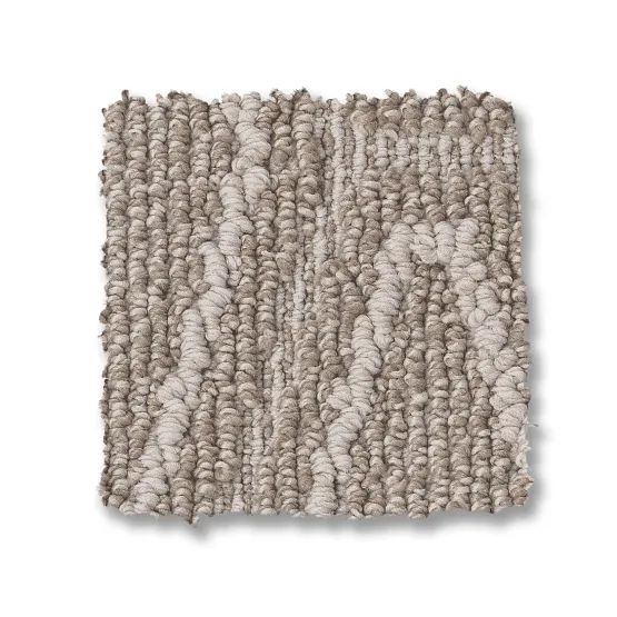 Beige and gray patterned carpet sample with varying texture and shading.