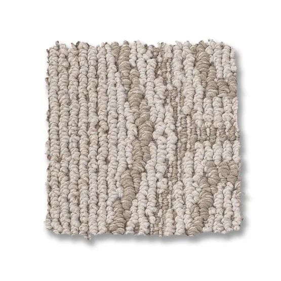 Beige and light brown carpet sample with a textured, looped pile.