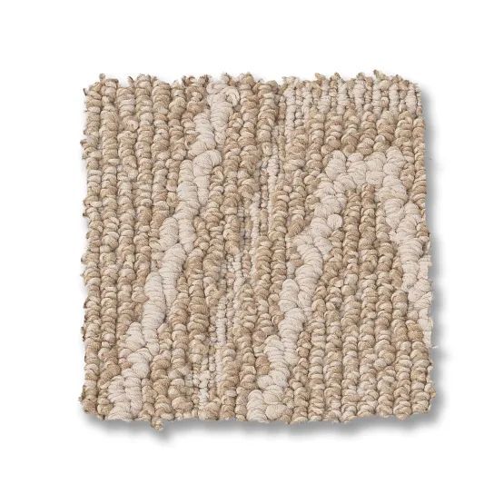 Beige and cream textured carpet tile with a pattern of vertical and angled stripes.