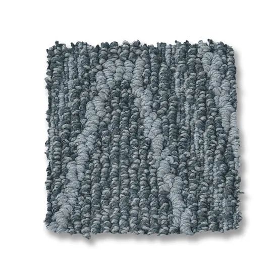 Textured, blue-gray carpet tile sample with a mottled, uneven surface and vertical patterns.