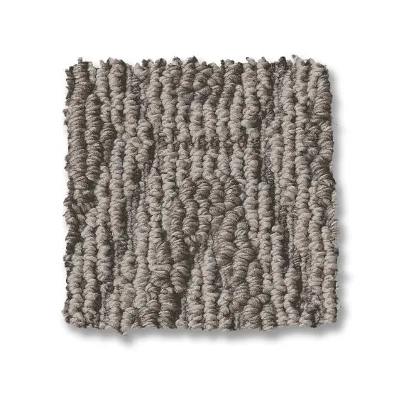 Close-up of a square, textured carpet sample in shades of gray, with a bumpy, looped pile.