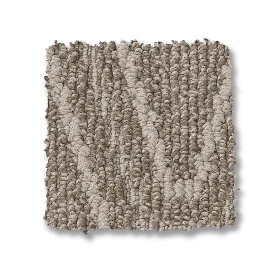 Close-up of a square carpet sample. It has a looped texture in neutral shades of gray and beige.