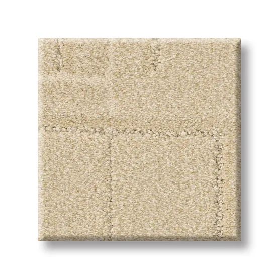 Beige square carpet tile with textured surface and stitched design.