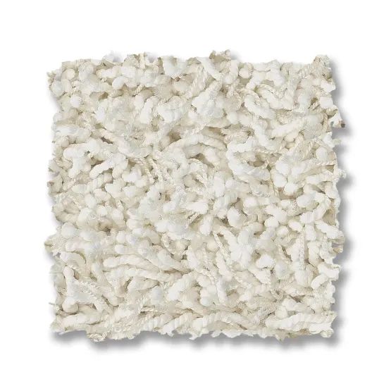 Cream-colored, shaggy carpet sample with a textured, looped pile.