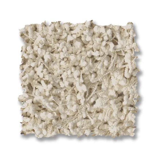 Close-up of a square, off-white carpet sample with a textured, loop pile.