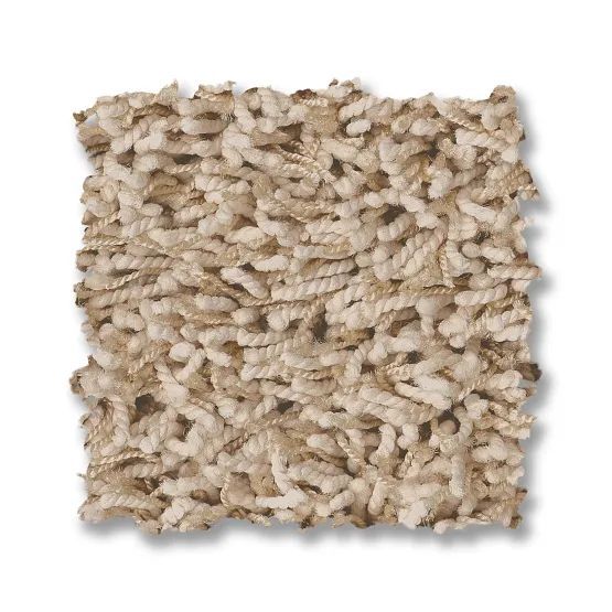 Beige and cream-colored carpet sample with a thick, textured pile.