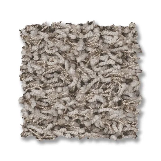 Square carpet sample, neutral beige and brown tones, looped and textured.