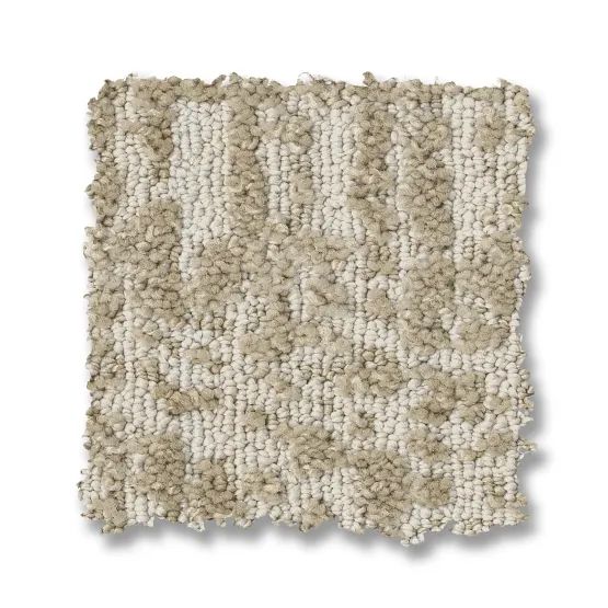 Beige and tan patterned carpet square sample.