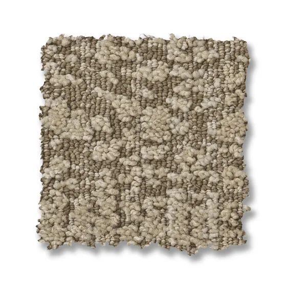 Tan and brown patterned carpet sample.