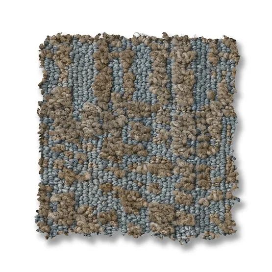 Close-up of carpet sample with blue and brown vertical textured pattern.