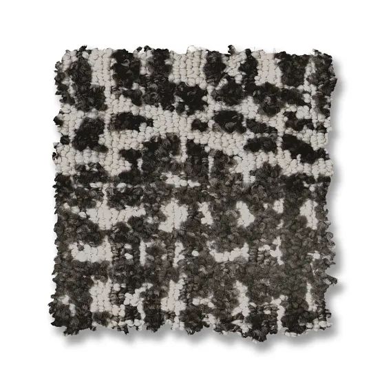 Black and white patterned carpet square, showing a textured loop pile design.