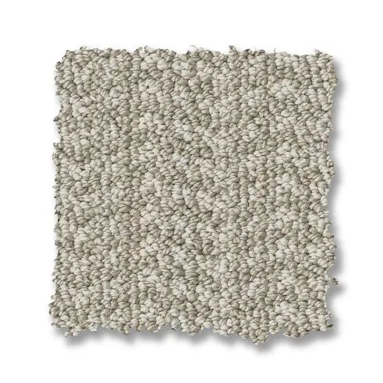 Close-up of a square carpet sample with a mottled beige and gray pattern.