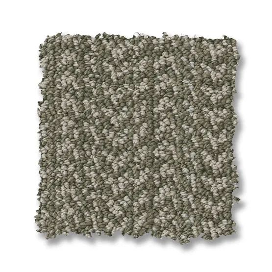Close-up of a square carpet sample with mixed neutral tones, featuring a textured looped pile.