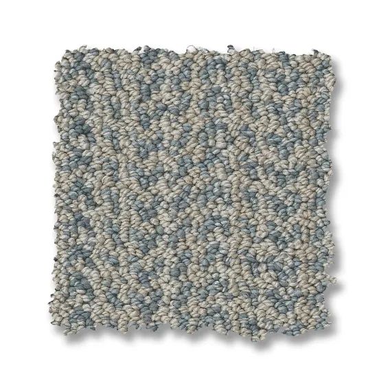 Blue, gray, and beige speckled carpet sample.