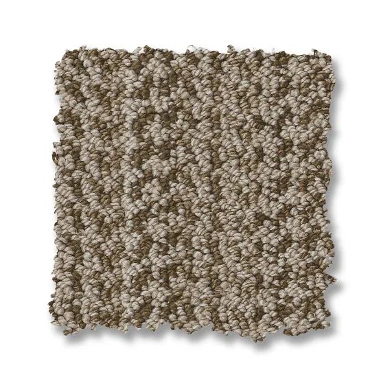 Beige and brown speckled carpet sample with a cut pile texture.