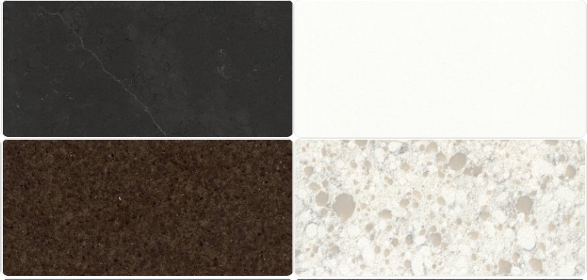 Four countertop samples: dark grey, white, brown, and light beige speckled.