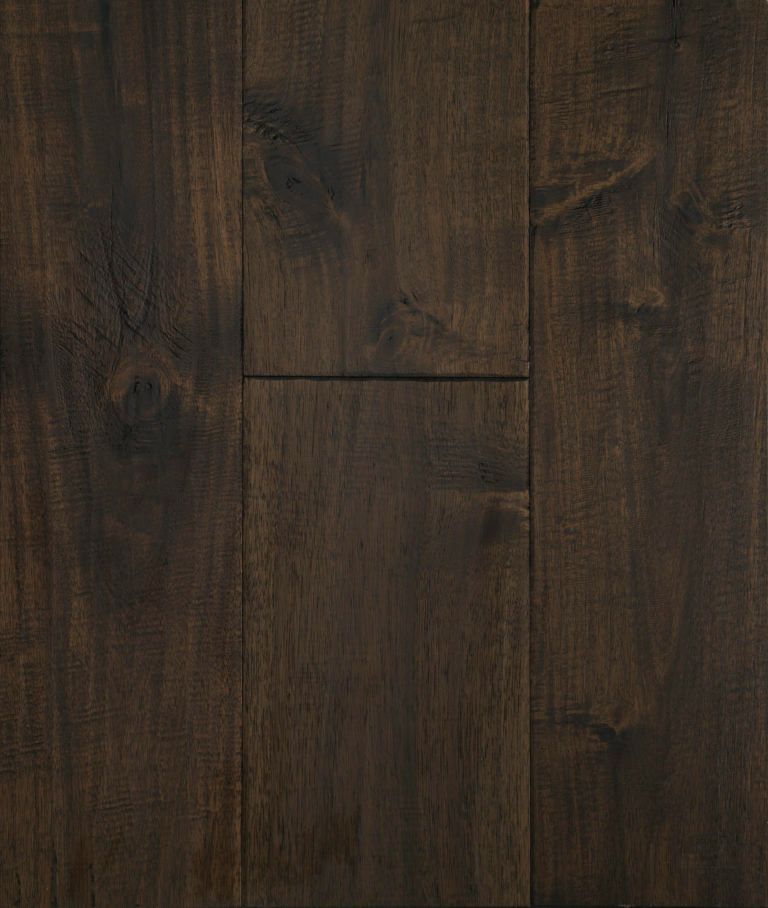 Dark brown wood flooring with visible grain and knots.