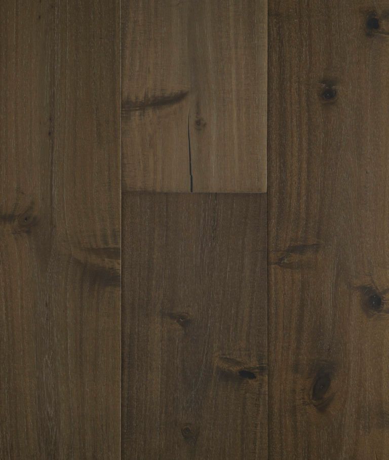 Dark brown hardwood floor planks, showing knots and grain.