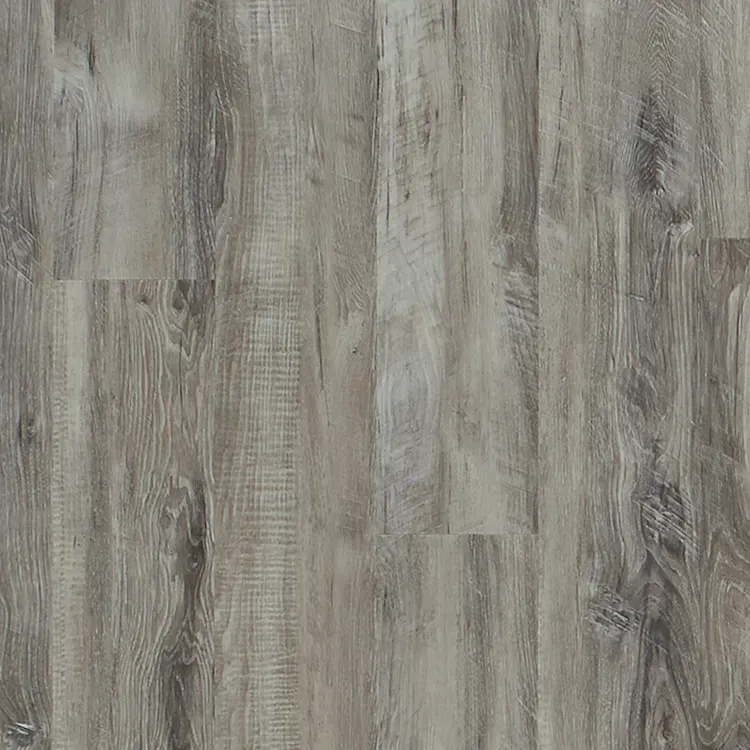 Gray and brown wood-look laminate flooring, with vertical planks and visible grain.