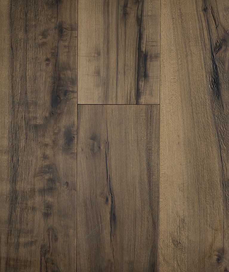 Dark brown wood flooring with visible grain and knots.