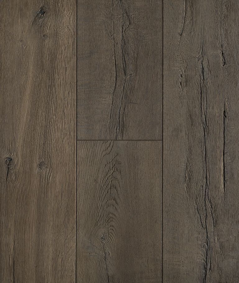 Dark, textured wood flooring with gray-brown tones and visible grain.
