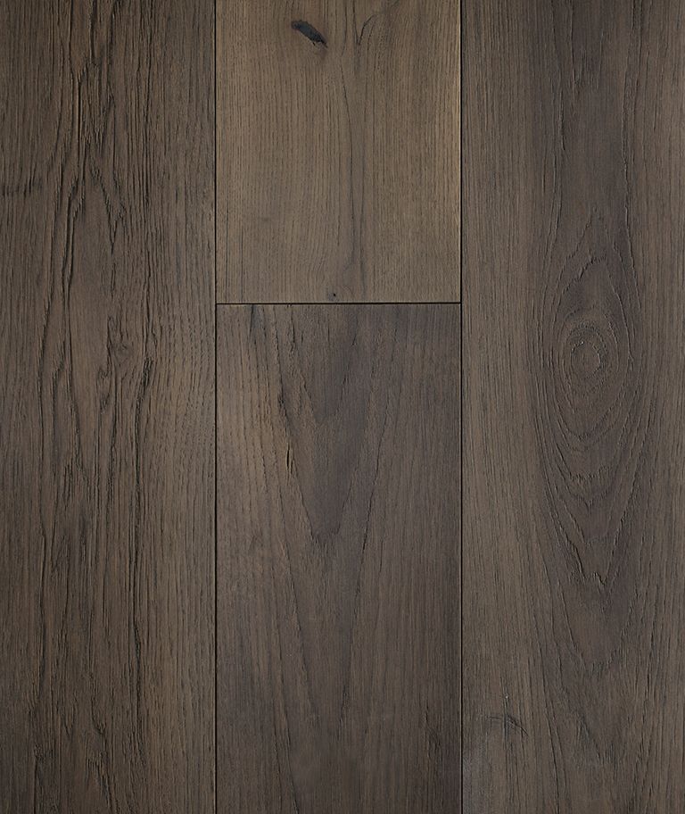 Dark brown wood flooring with prominent grain.