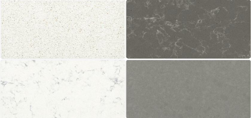 Four stone tile samples, two cream, one gray, and one charcoal. Each tile has a unique pattern or finish.