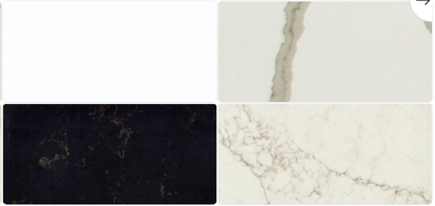 Four stone slab samples: white, white with gray veining, black, and beige with gray veining.