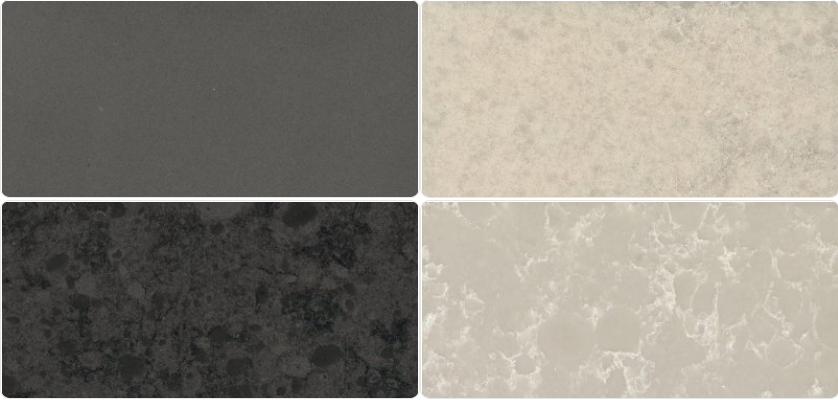 Four countertop samples, two solid, two with veining; shades of gray, white, and off-white.