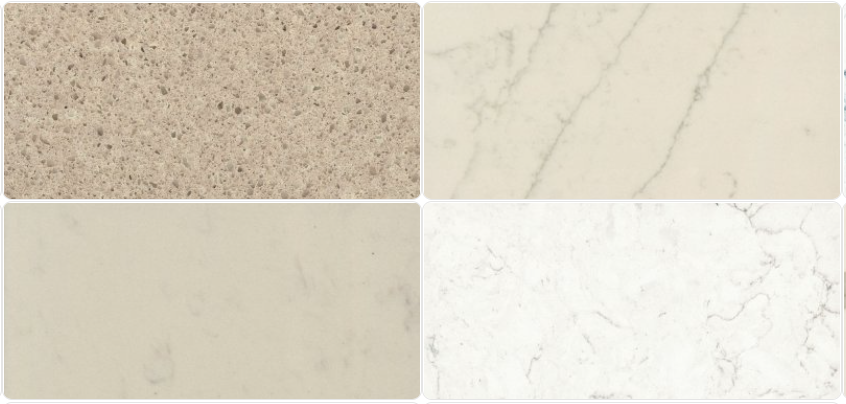 Four samples of countertop materials with varied colors and patterns.
