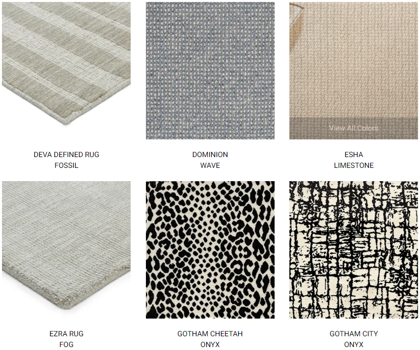 Six rug samples: striped beige, gray mosaic, beige weave, light gray, leopard print, black grid on beige.
